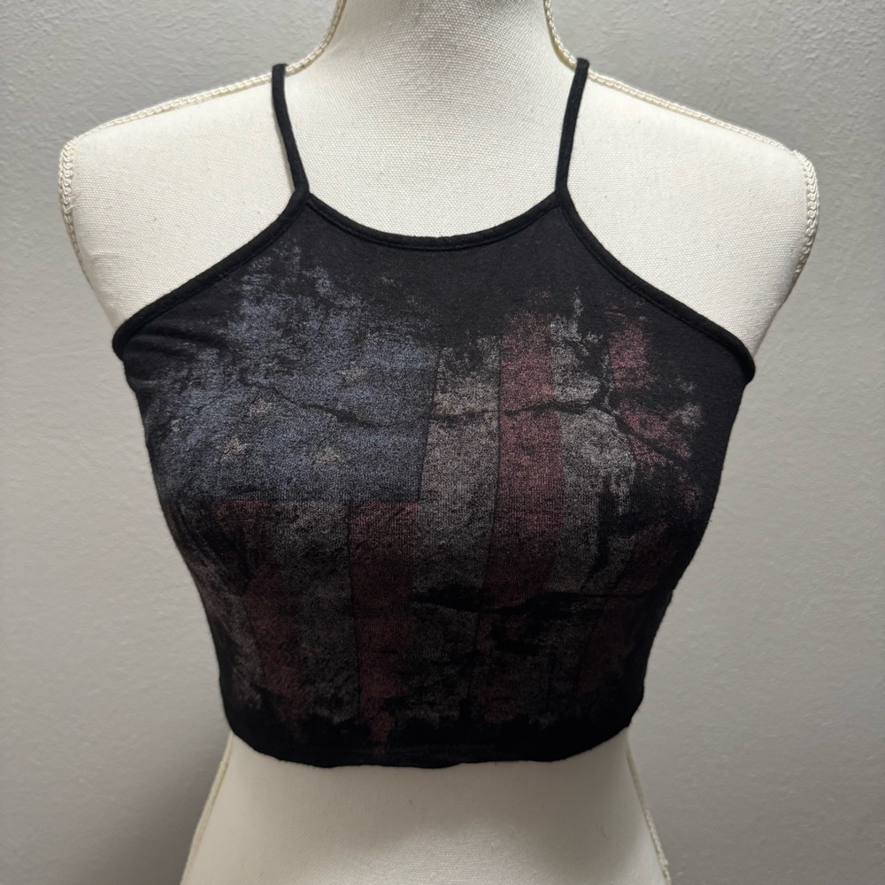 *3 for $15* CHARLOTTE RUSSE Juniors XS  US Flag Spaghetti Strap Halter Top Black